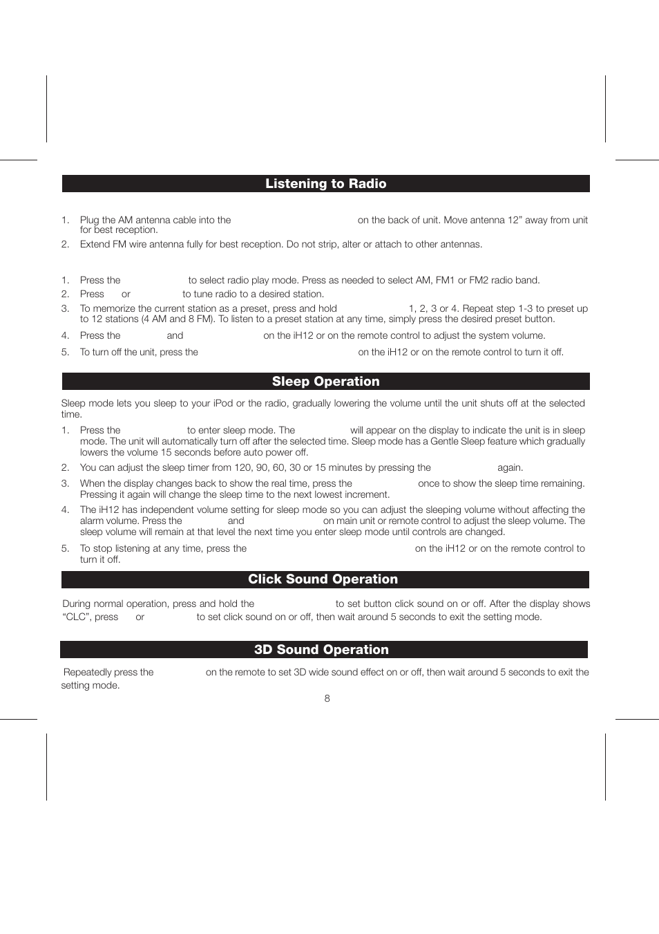 Ih12 ib (1-3-08) pg10, Listening to radio, Sleep operation click sound operation | 3d sound operation | iHome iH12 User Manual | Page 10 / 14