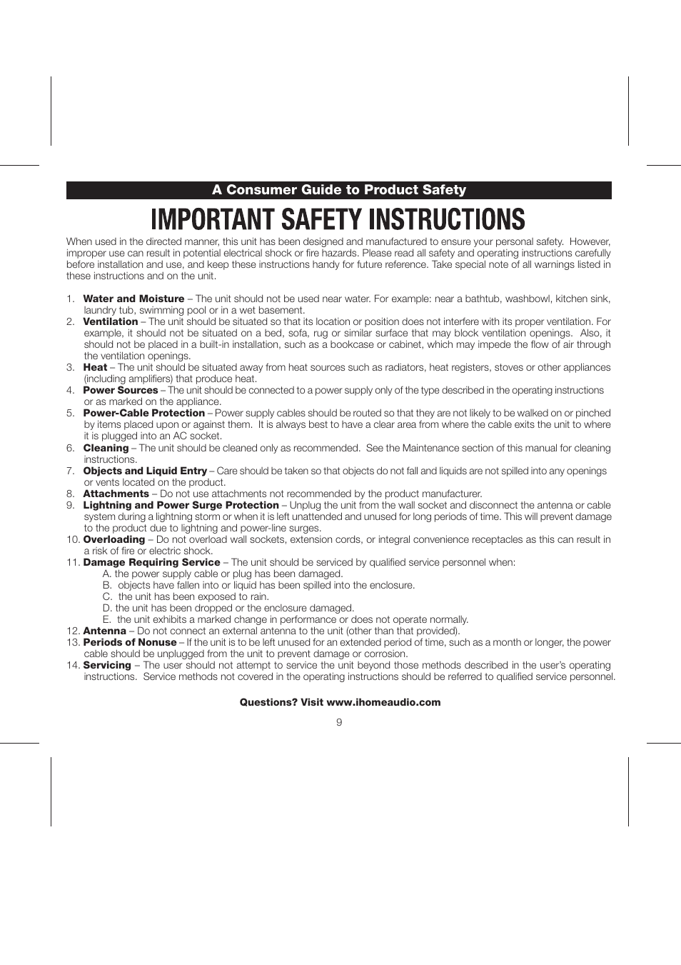 Ih12 ib (1-3-08) pg11, A consumer guide to product safety | iHome iH12 User Manual | Page 11 / 14