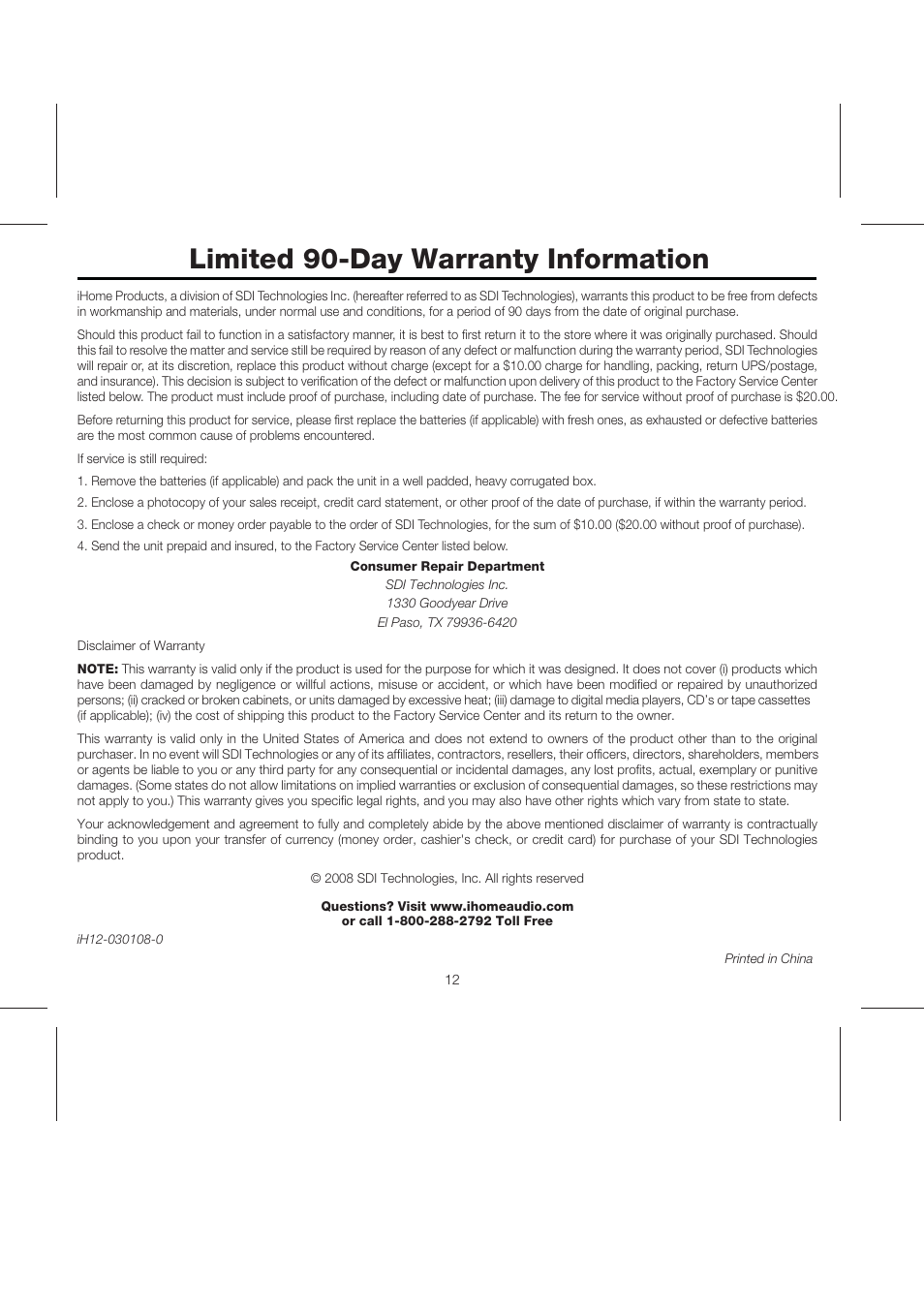 Ih12 ib (1-3-08) pg14, Limited 90-day warranty information | iHome iH12 User Manual | Page 14 / 14