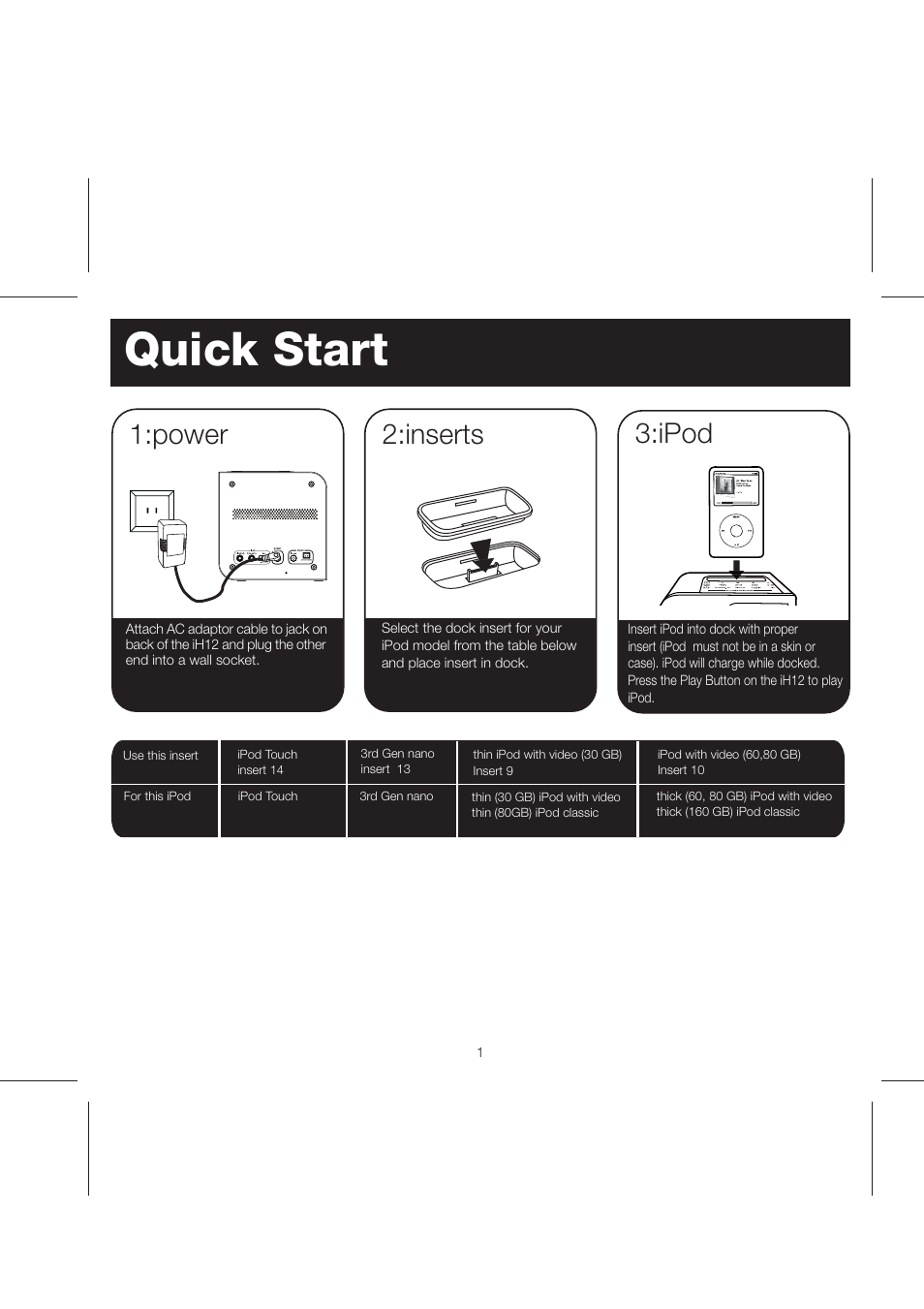 Ih12 ib (1-3-08) pg3, Quick start, Inserts | Ipod, Power | iHome iH12 User Manual | Page 3 / 14
