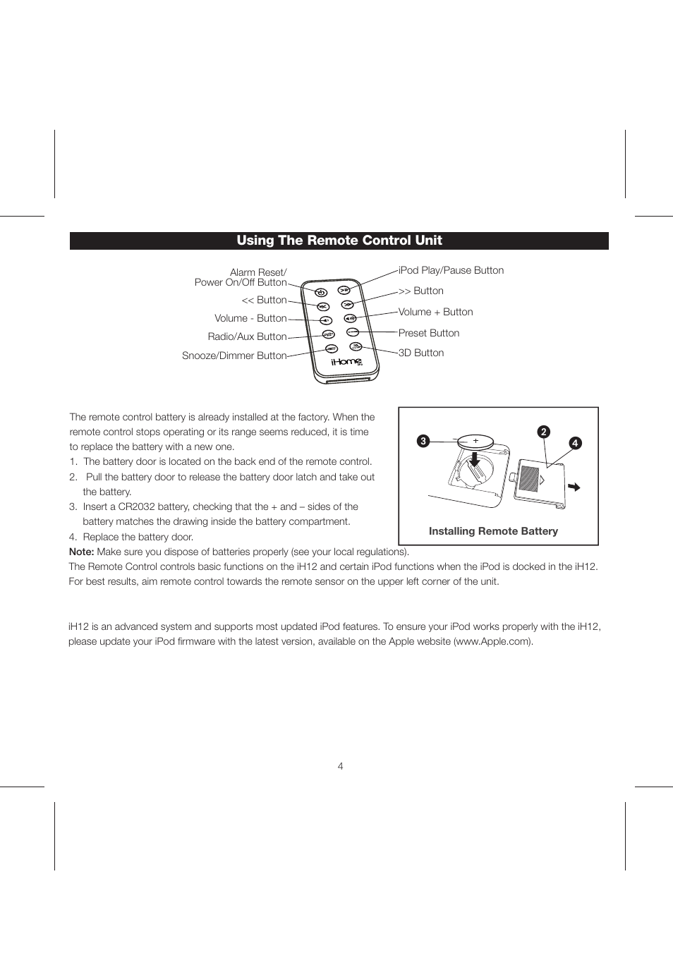 Ih12 ib (1-3-08) pg6, ᕢᕤ ᕣ, Using the remote control unit | iHome iH12 User Manual | Page 6 / 14