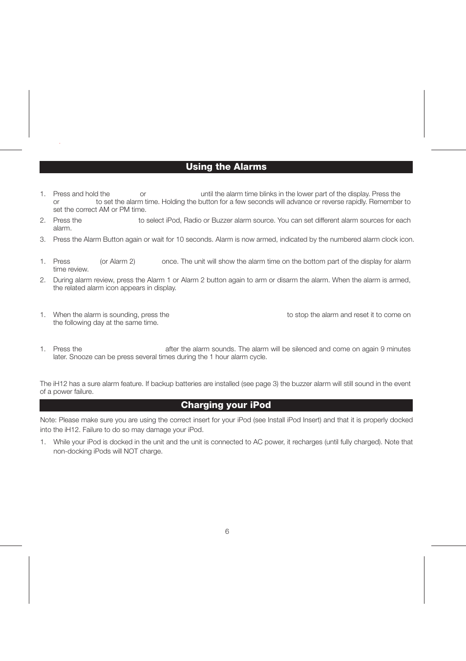 Ih12 ib (1-3-08) pg8, Using the alarms, Charging your ipod | iHome iH12 User Manual | Page 8 / 14