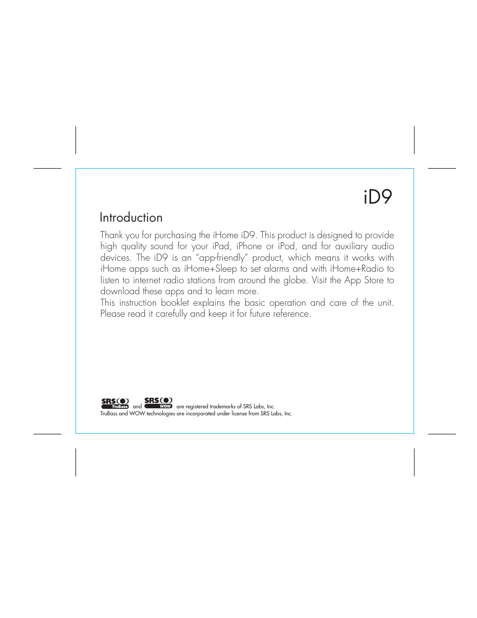 Introduction | iHome ID9 User Manual | Page 2 / 16