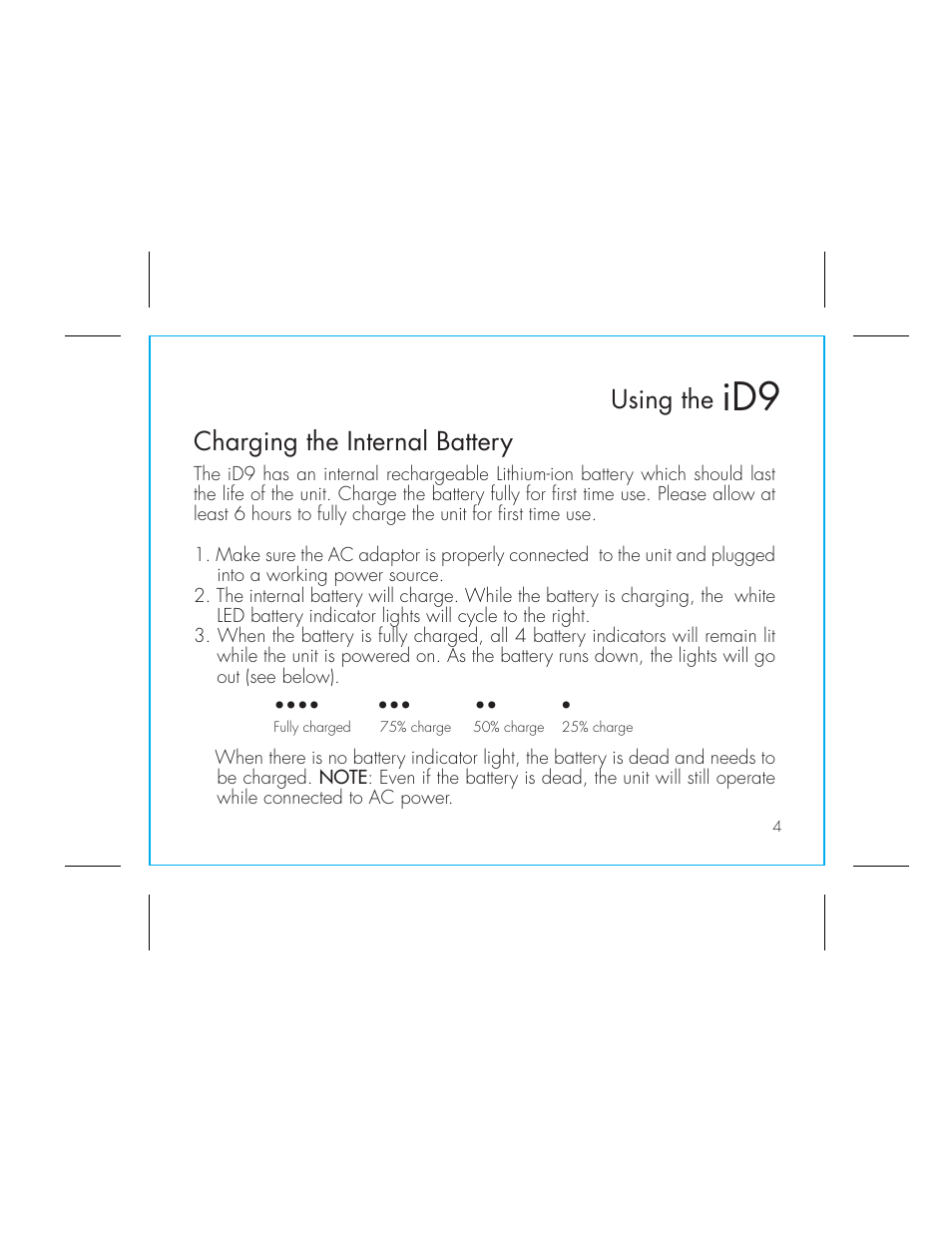 Using the, Charging the internal battery | iHome ID9 User Manual | Page 8 / 16