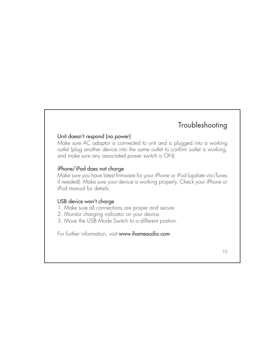 Troubleshooting | iHome IB967 User Manual | Page 14 / 15
