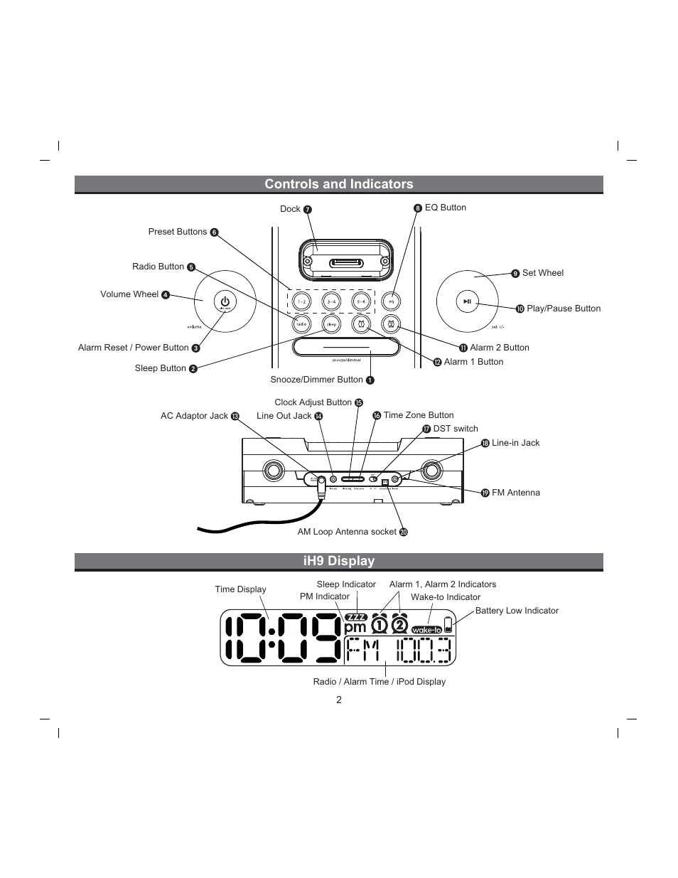 Controls and indicators ih9 display | iHome iH9 User Manual | Page 4 / 13