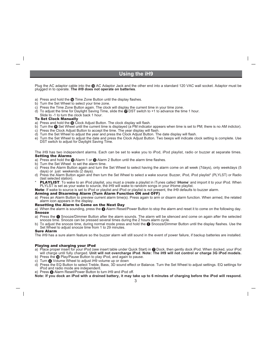 Using the ih9, Connect ih9 to power source, Setting the clock | Using the alarms, Ipod | iHome iH9 User Manual | Page 5 / 13