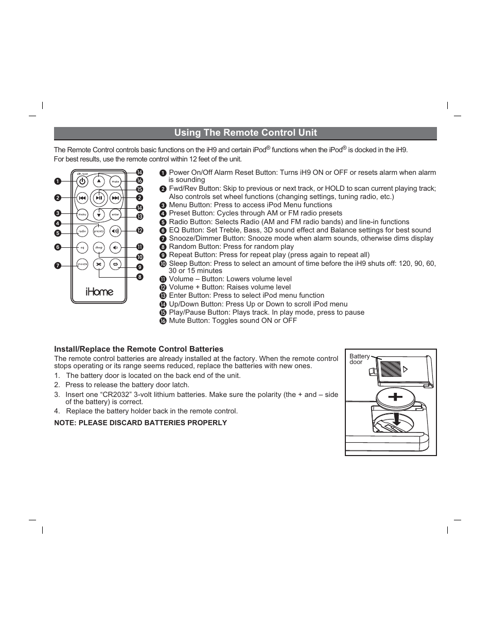 Using the remote control unit | iHome iH9 User Manual | Page 7 / 13