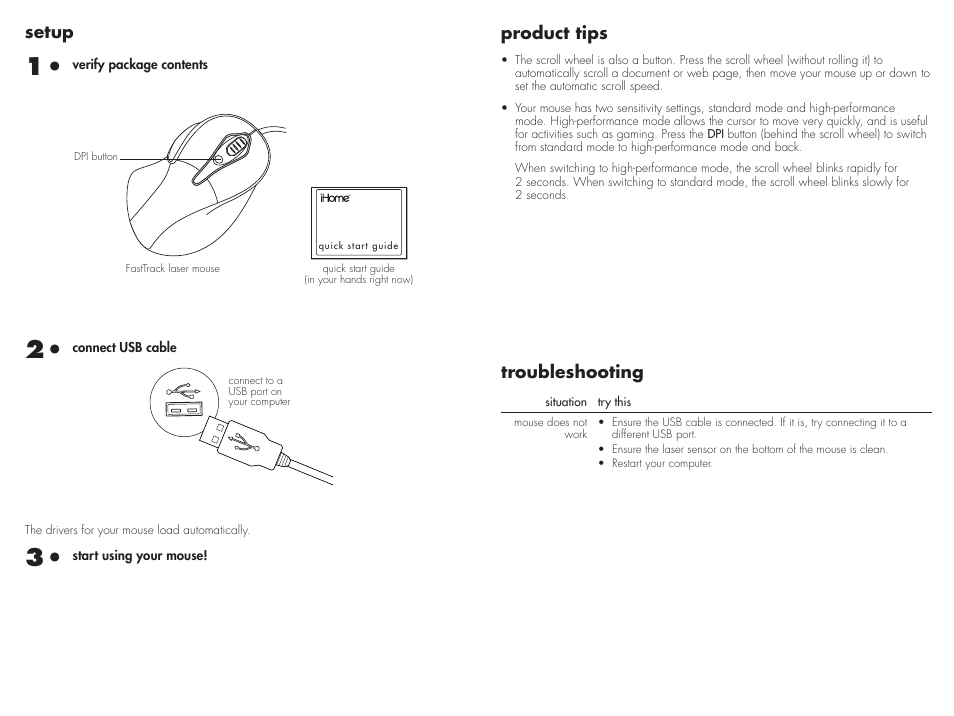 Setup, Product tips, Troubleshooting | iHome IH-M125LO User Manual | Page 2 / 2