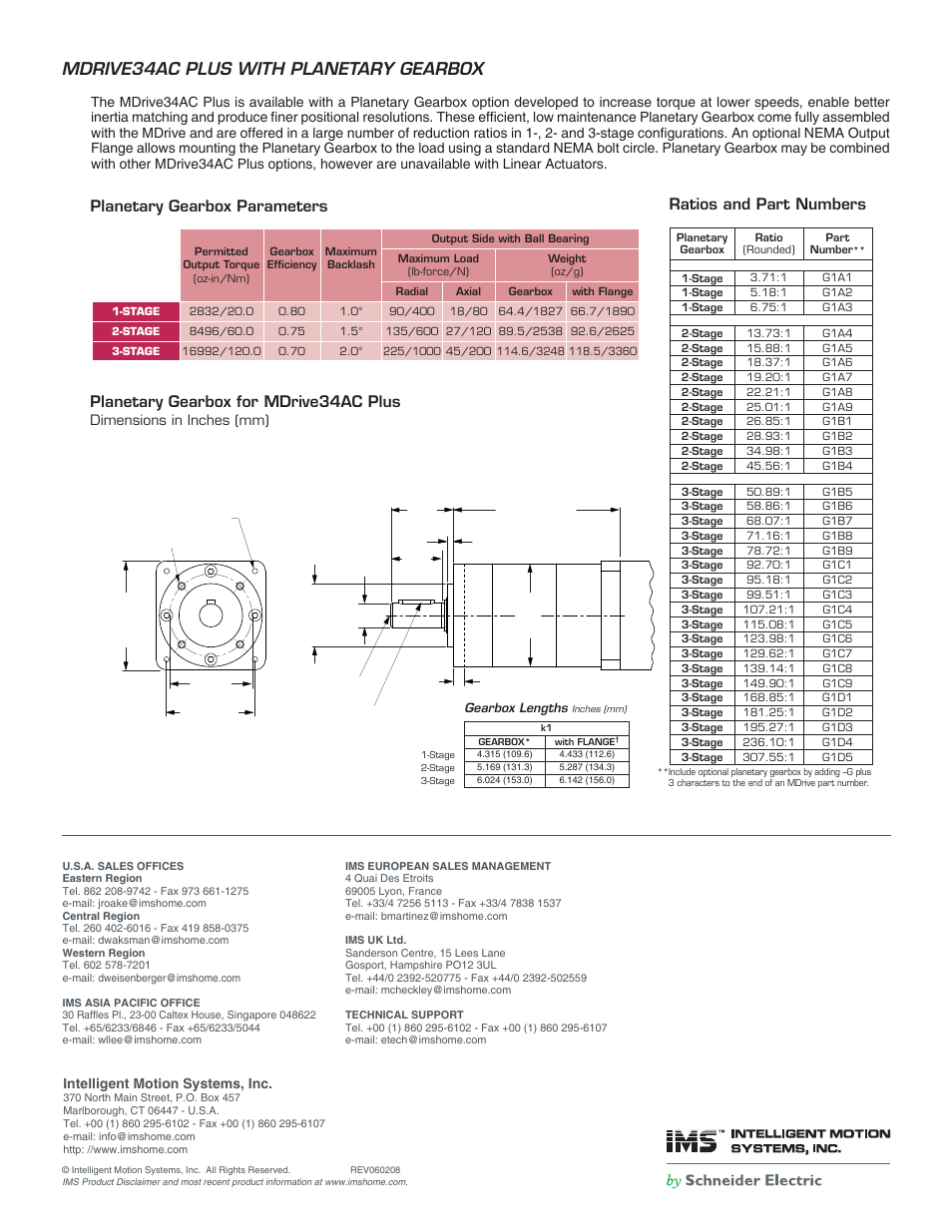 Mdrive34ac plus with planetary gearbox, Planetary gearbox for mdrive34ac plus, Ratios and part numbers | Planetary gearbox parameters, Dimensions in inches (mm), Intelligent motion systems, inc | Intelligent Motion Systems MDI34 User Manual | Page 5 / 5
