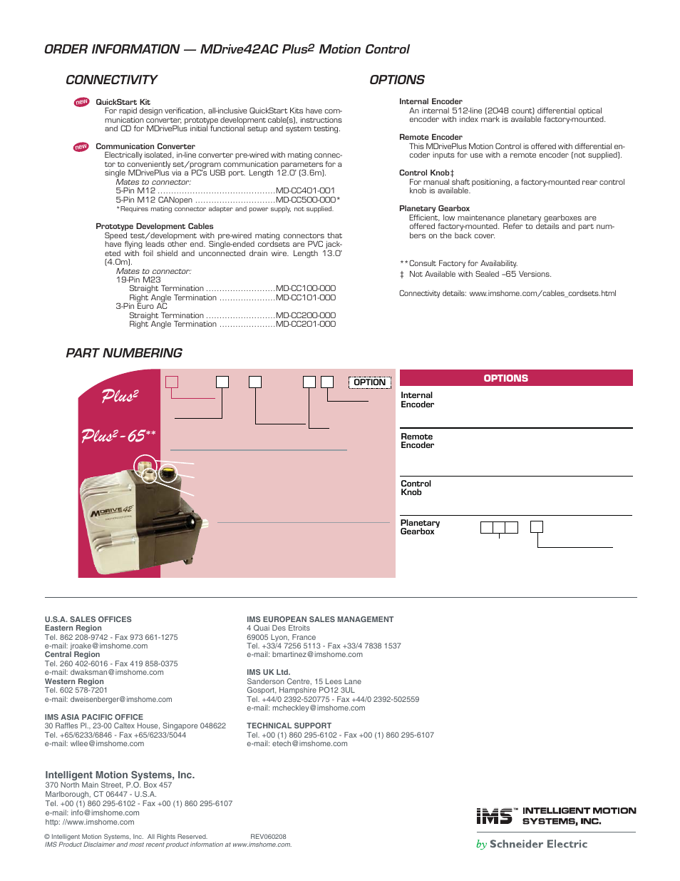 Plus, N –ee, Mdi m q 4 2 | Order information — mdrive42ac plus, Motion control connecting, Options, Part numbering connectivity options | Intelligent Motion Systems MDI42 AC User Manual | Page 5 / 5