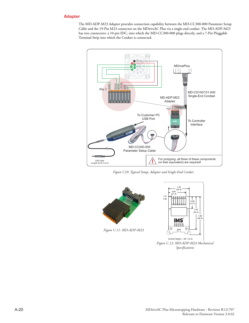 A-20, Adapter, Figure c.11: md-adp-m23 | Figure c.12: md-adp-m23 mechanical specifications, Pin 1 | Intelligent Motion Systems MDriveAC User Manual | Page 71 / 79