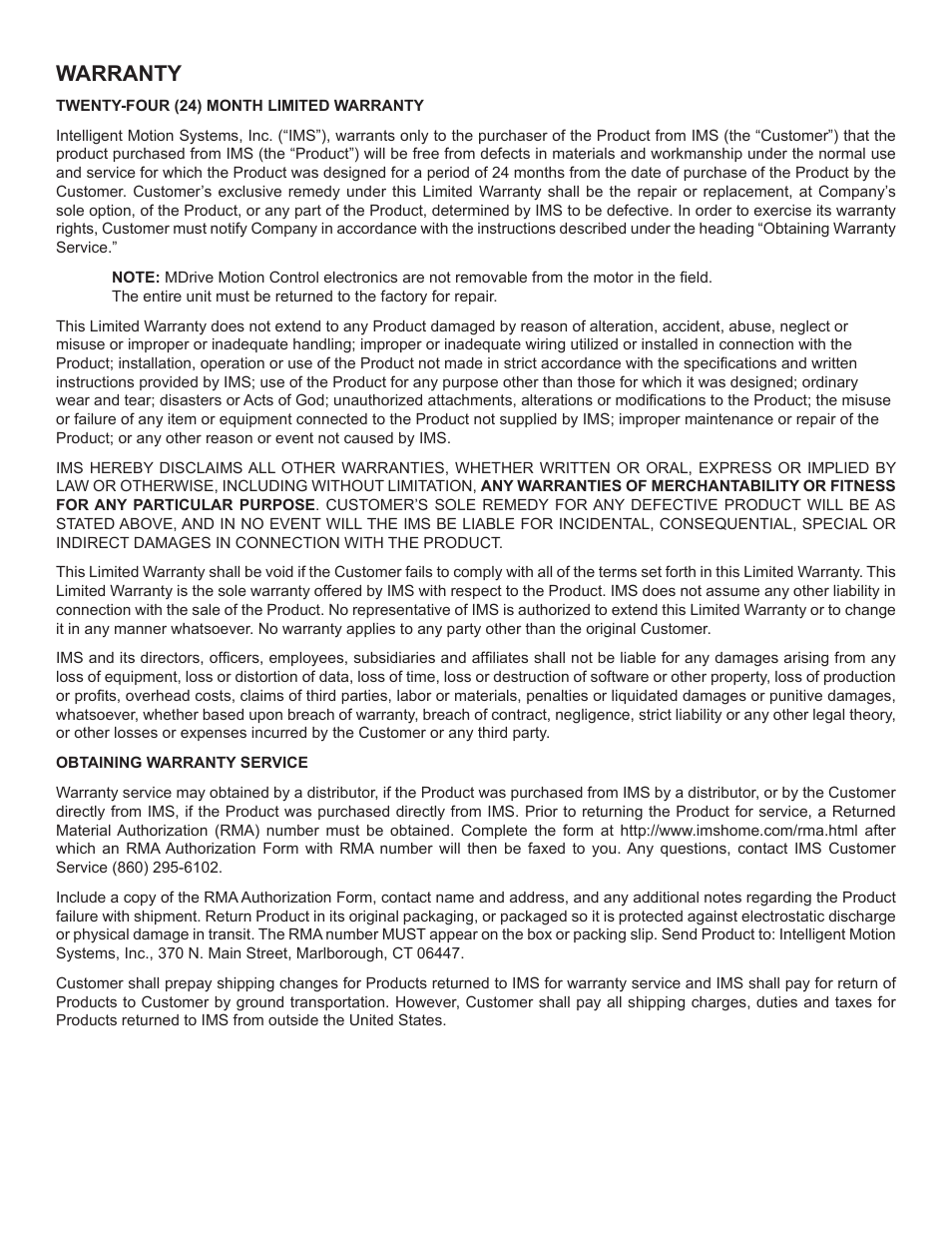 Warranty | Intelligent Motion Systems MDriveAC User Manual | Page 78 / 79