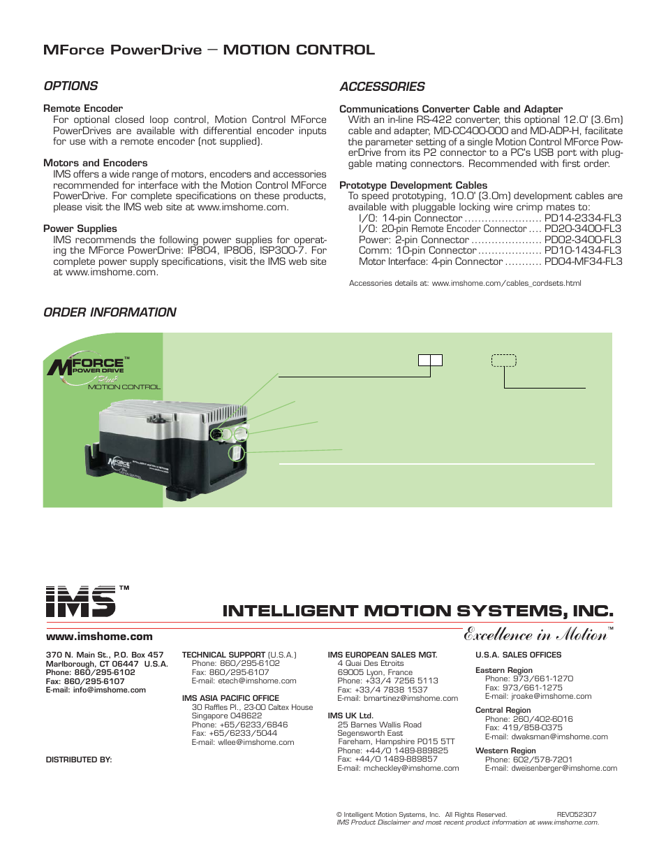 Excellence in motion, Intelligent motion systems, inc, Mfi3c 34n7 – ee | Mforce powerdrive, Motion control, Order information options, Accessories | Intelligent Motion Systems MFM Motion Detector User Manual | Page 4 / 4