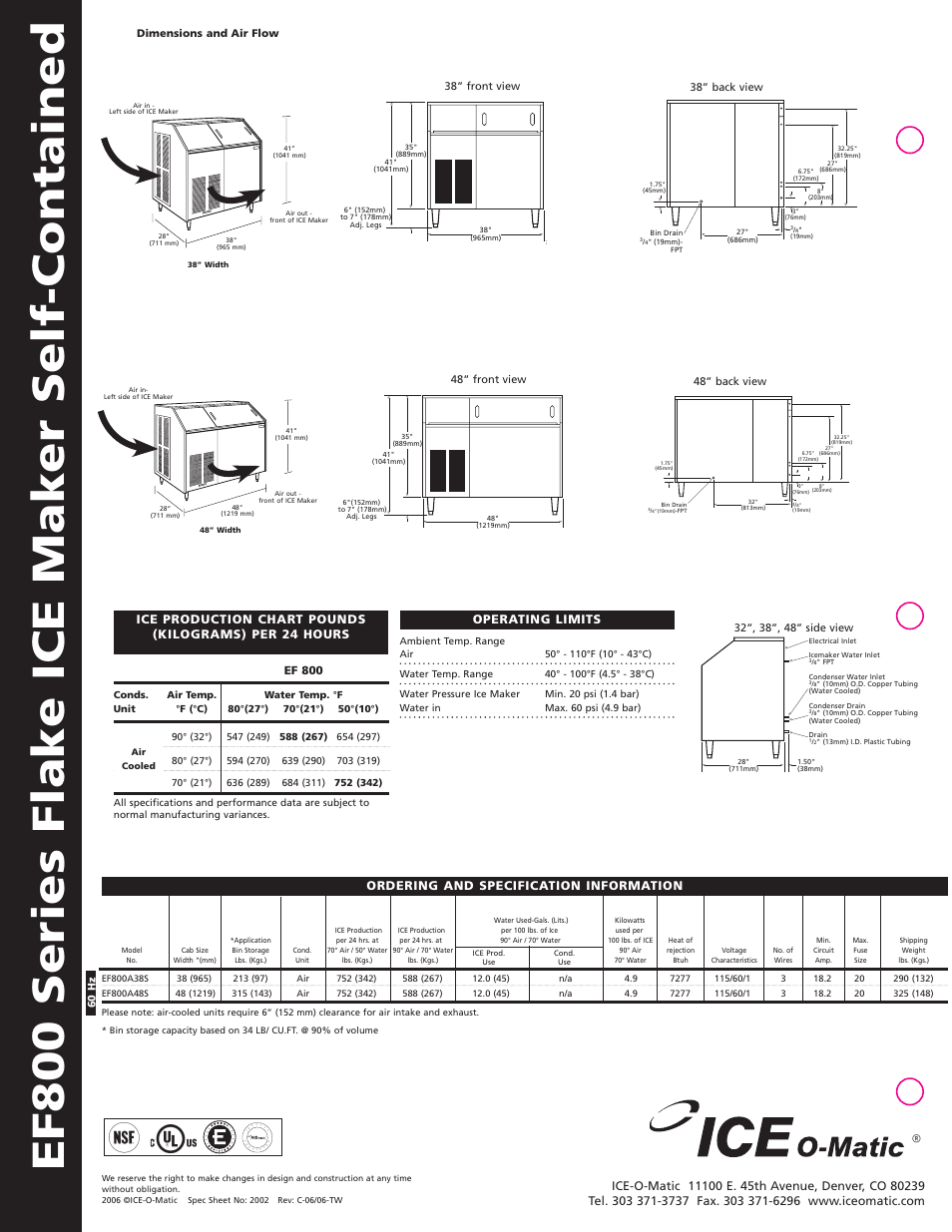 Ef800 series flake ice maker self-contained, Ef 800, 38” front view | 48” front view 48” back view, 38” back view | Ice-O-Matic EF 800 User Manual | Page 2 / 2