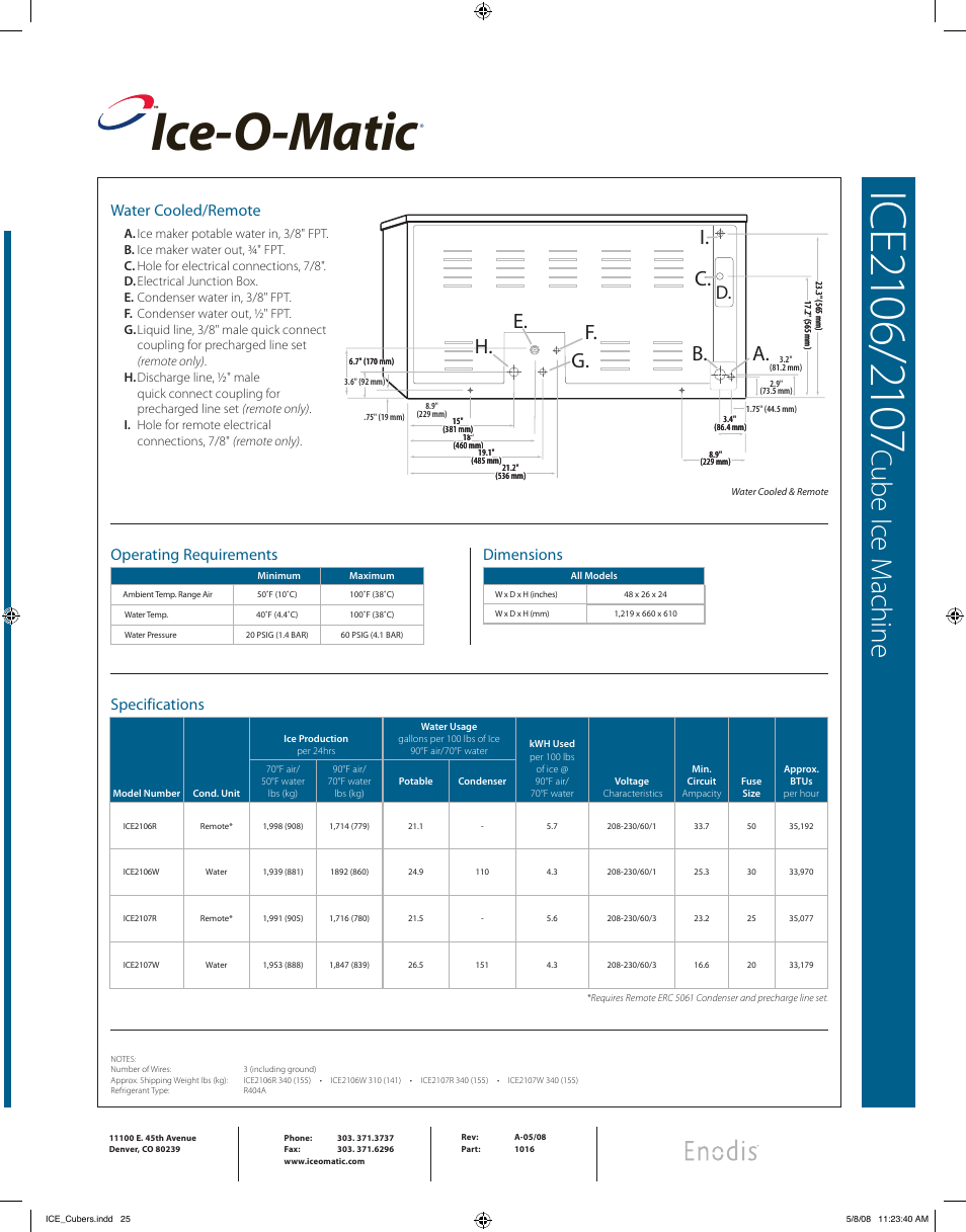Ice-o-matic, Cu be i ce m ac hin e, C. f. e. g. i. h. a. b | Water cooled/remote, Operating requirements, Dimensions, Specifications | Ice-O-Matic ICE2106/2107 User Manual | Page 2 / 2