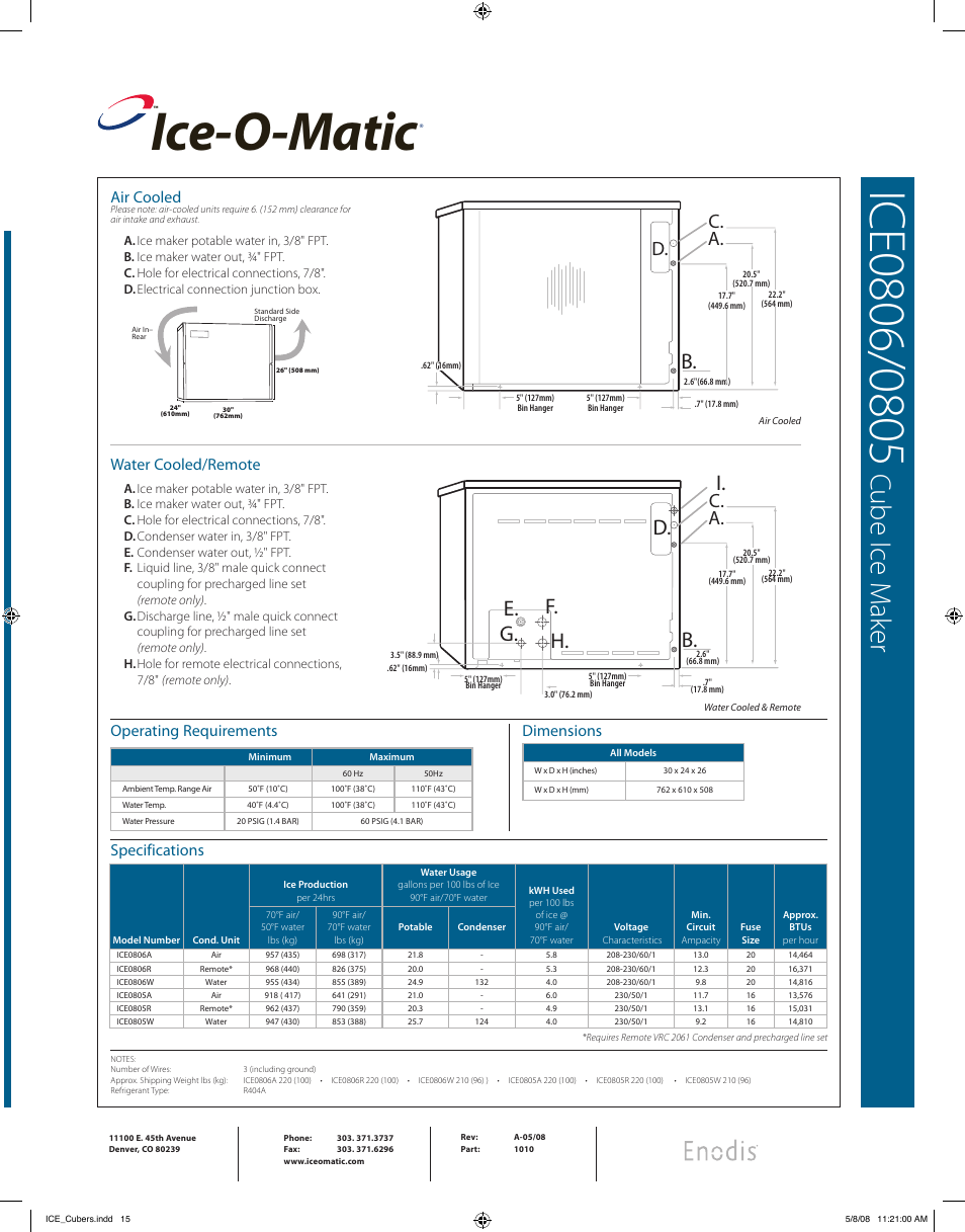 Ice-o-matic, Cube i ce m ak er, E. d. f. b | G. h, C. d. a, C. a, Air cooled, Water cooled/remote, Operating requirements, Dimensions | Ice-O-Matic ICE0806 User Manual | Page 2 / 2