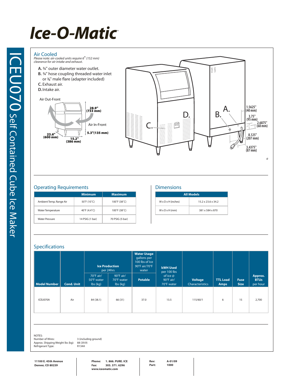 Ic eu 07 0, Self c on ta in ed c ub e i ce m ak er, A. c. d. b | Ice-O-Matic ICEU070 User Manual | Page 2 / 2