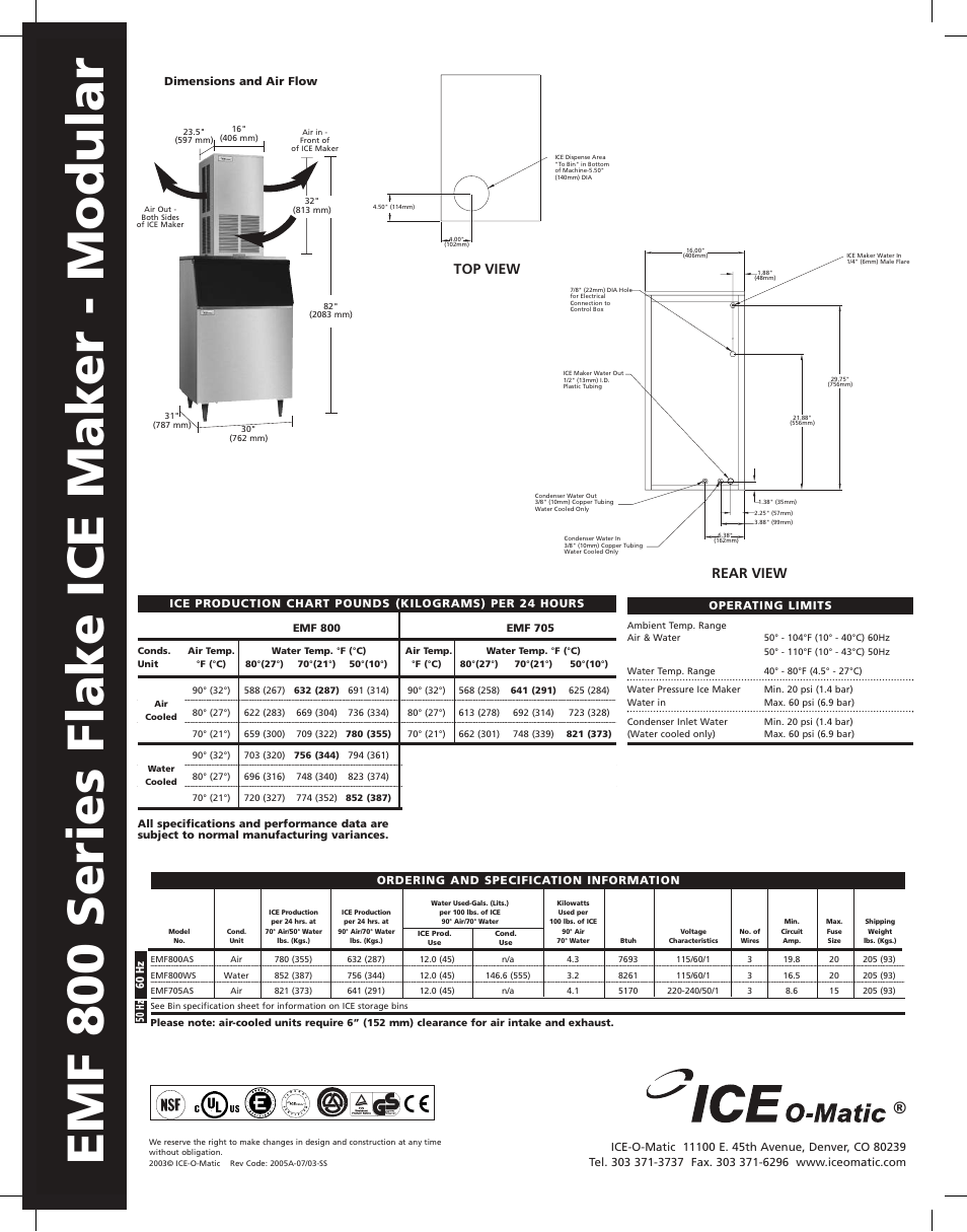 Emf_800_ss_b, Emf 800 series flake ice maker - modular, Rear view | Top view | Ice-O-Matic EMF 800 User Manual | Page 2 / 2