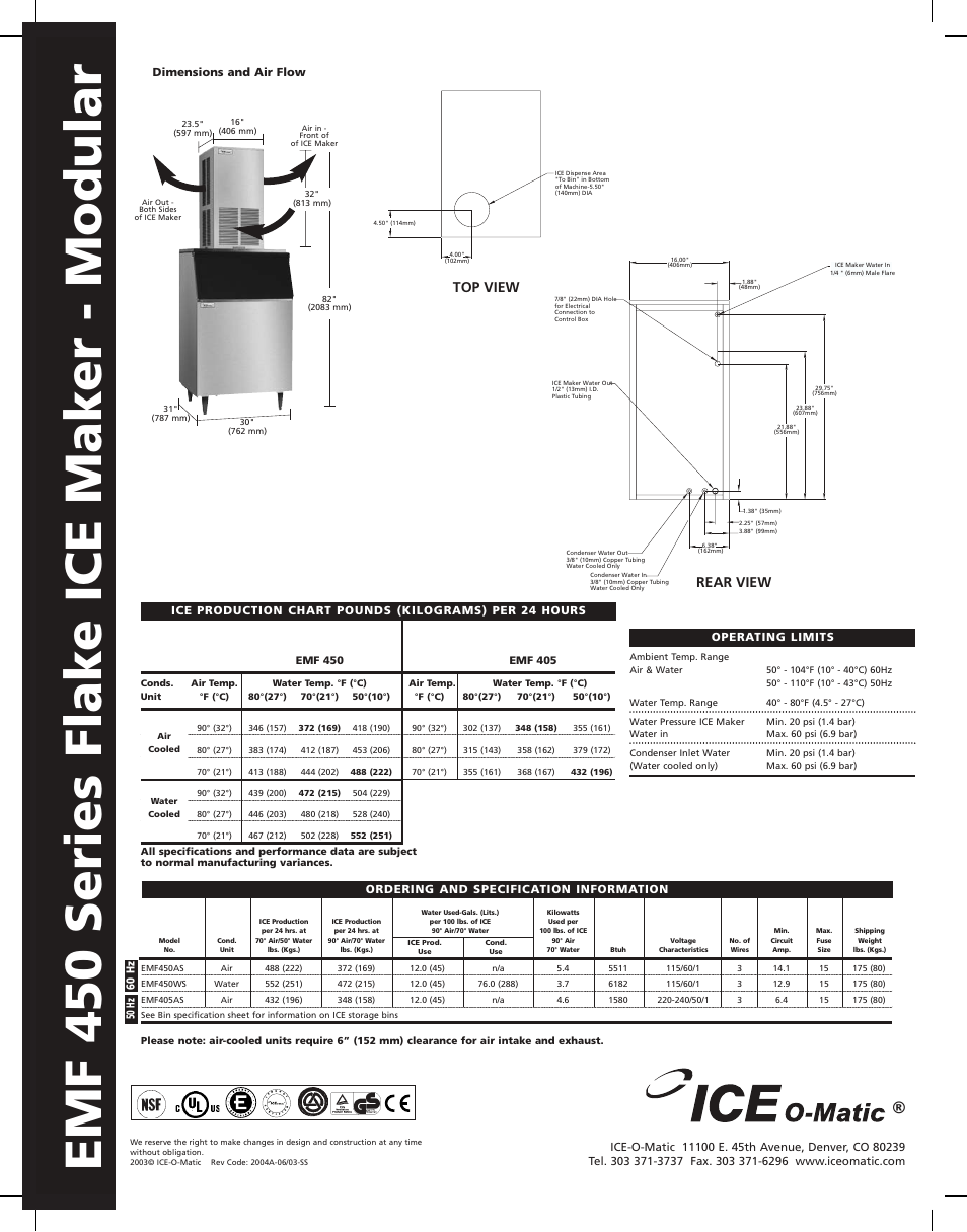 Emf_450_ss_b, Emf 450 series flake ice maker - modular, Rear view | Top view | Ice-O-Matic EMF 450 Series User Manual | Page 2 / 2