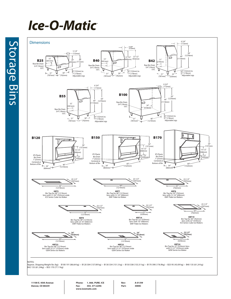 Sto ra ge b in s sto ra ge b in s, Dimensions | Ice-O-Matic Storage Bin User Manual | Page 2 / 2