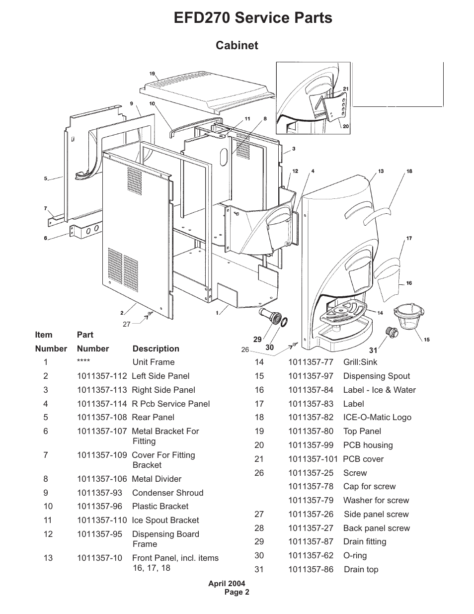 Efd270 service parts, Cabinet | Ice-O-Matic EFD270 User Manual | Page 4 / 11