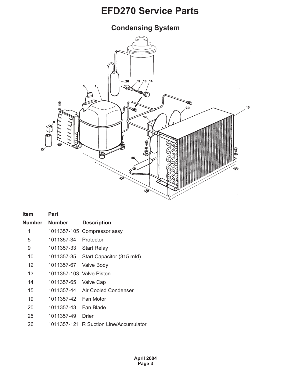 Efd270 service parts, Condensing system | Ice-O-Matic EFD270 User Manual | Page 5 / 11
