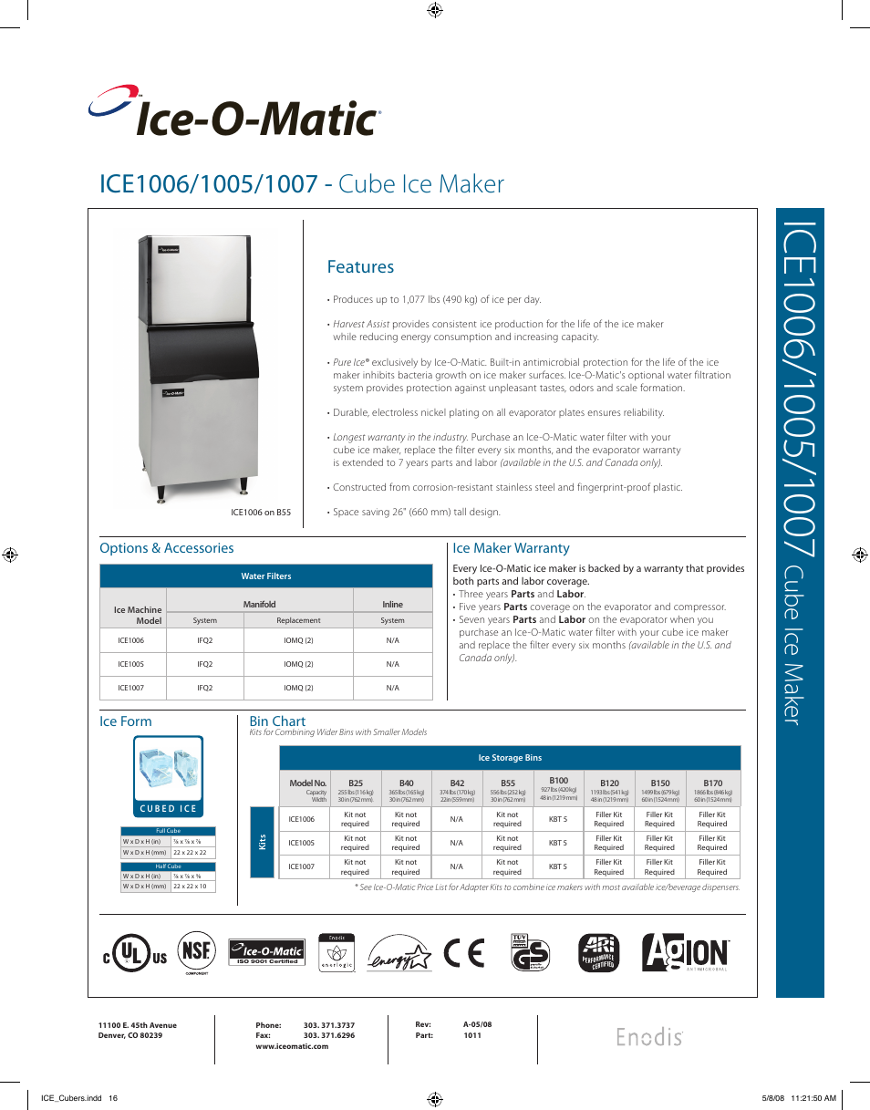 Ice-o-matic, Features, Options & accessories | Ice maker warranty, Ice form, Bin chart | Ice-O-Matic ICE0805 User Manual | Page 2 / 3