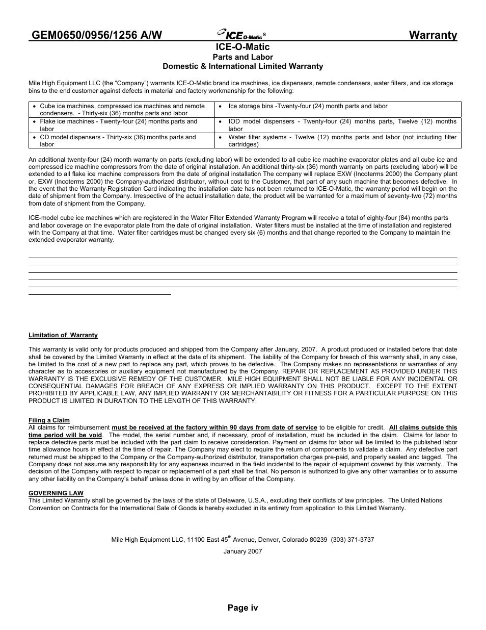 Domestic & international warranty, Ice-o-matic, Page iv | Ice-O-Matic GEM0650A/W User Manual | Page 6 / 43