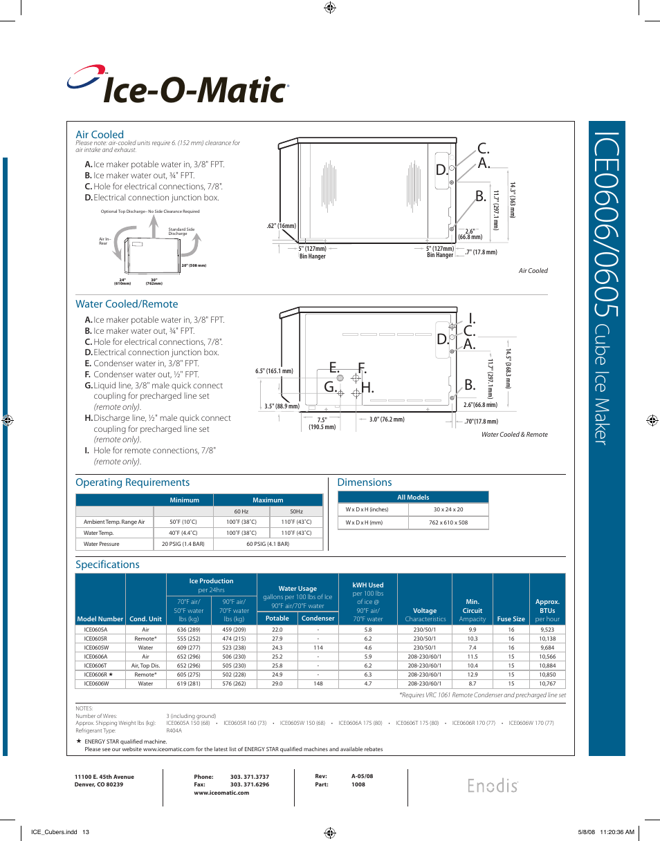 Ice-o-matic, Cube i ce m ak er, B. c. d. a | E. d. f. b. c. a, G. h, Air cooled, Water cooled/remote, Operating requirements, Dimensions, Specifications | Ice-O-Matic ICE0605 User Manual | Page 2 / 2