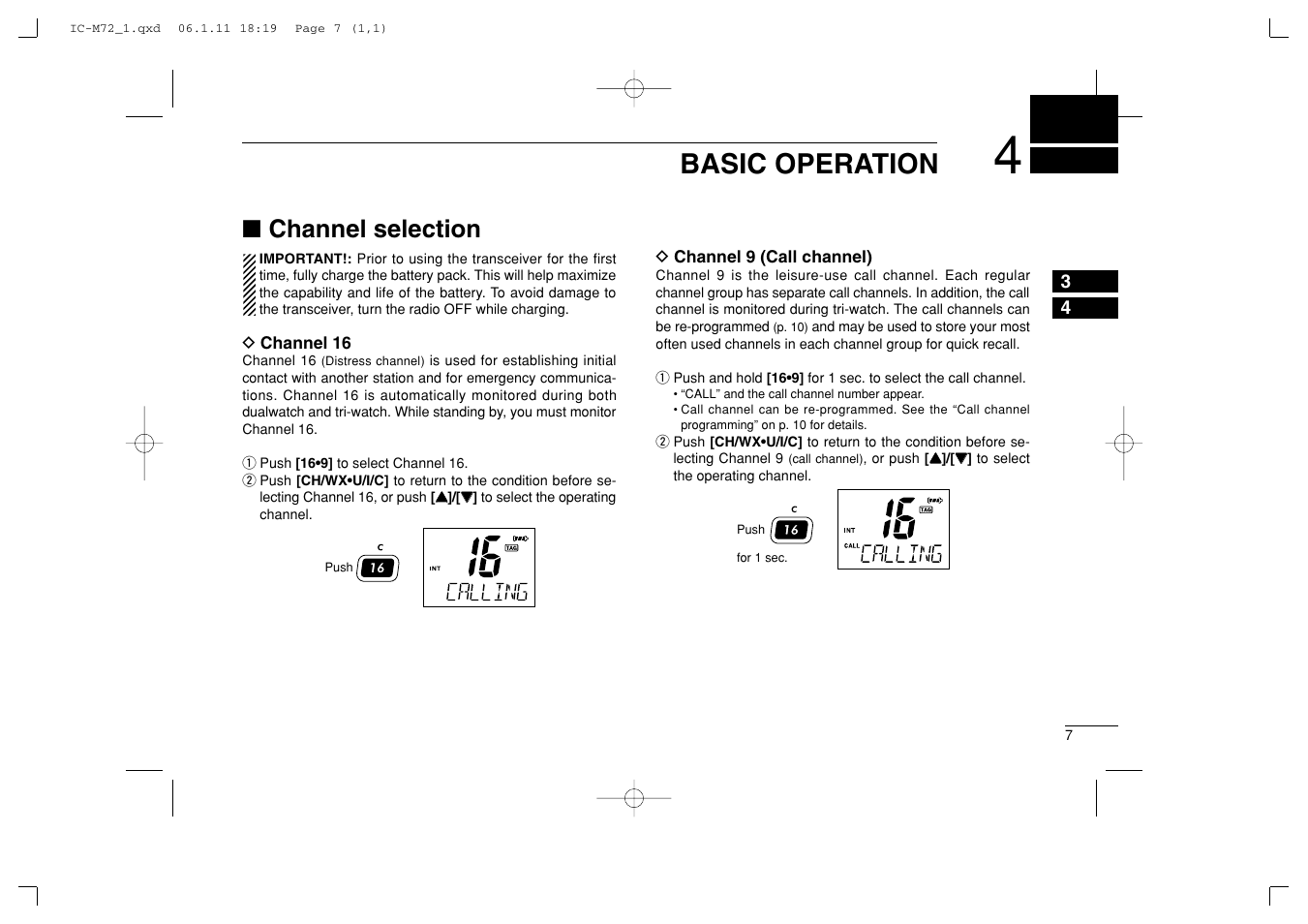 Basic operation, Channel selection | Icom IC-M72 User Manual | Page 13 / 40