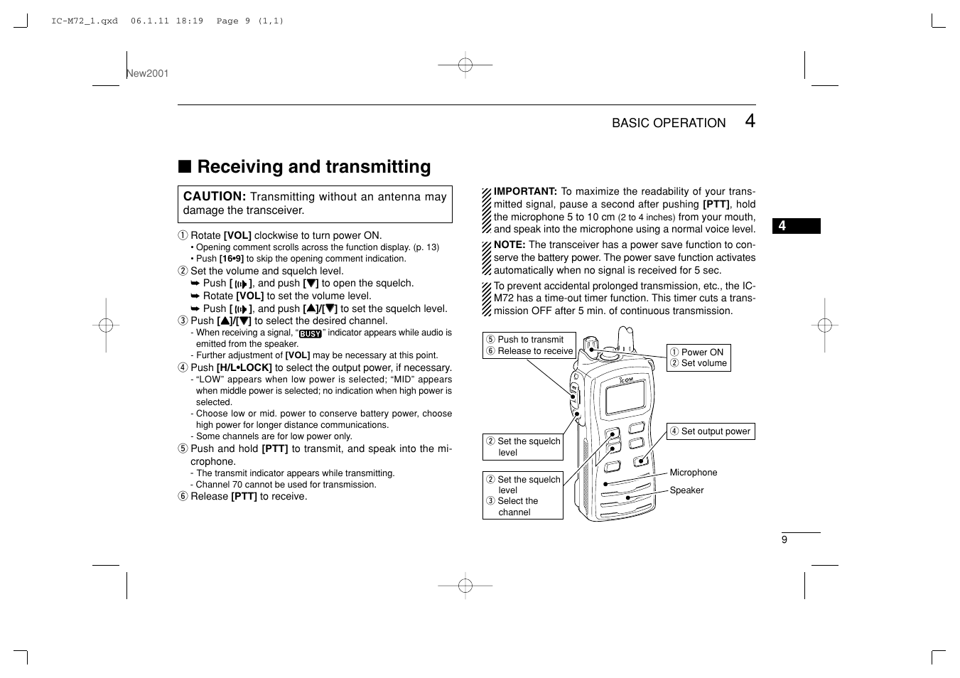 Receiving and transmitting | Icom IC-M72 User Manual | Page 15 / 40
