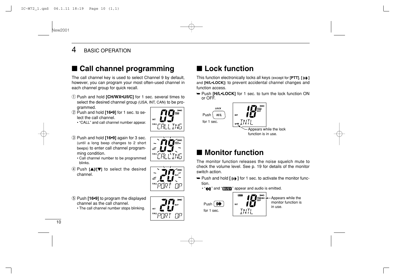 Call channel programming, Lock function, Monitor function | Icom IC-M72 User Manual | Page 16 / 40