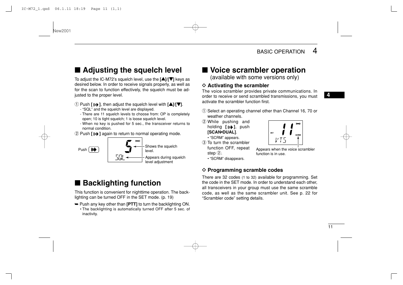 Adjusting the squelch level, Backlighting function, Voice scrambler operation | Icom IC-M72 User Manual | Page 17 / 40