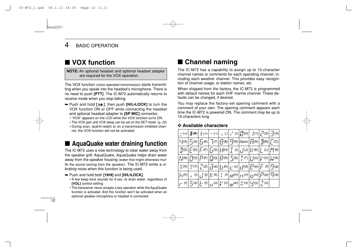 Vox function, Aquaquake water draining function, Channel naming | Icom IC-M72 User Manual | Page 18 / 40