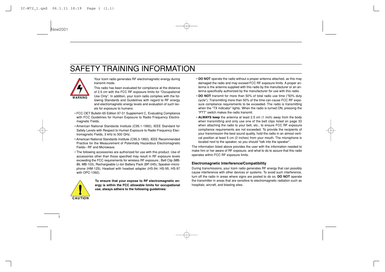 Safety training information | Icom IC-M72 User Manual | Page 2 / 40