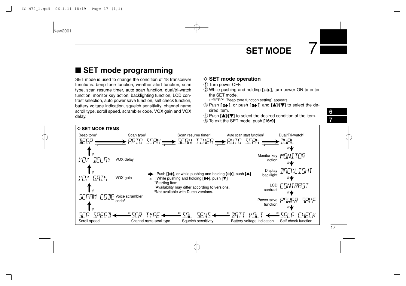 Set mode, Set mode programming | Icom IC-M72 User Manual | Page 23 / 40