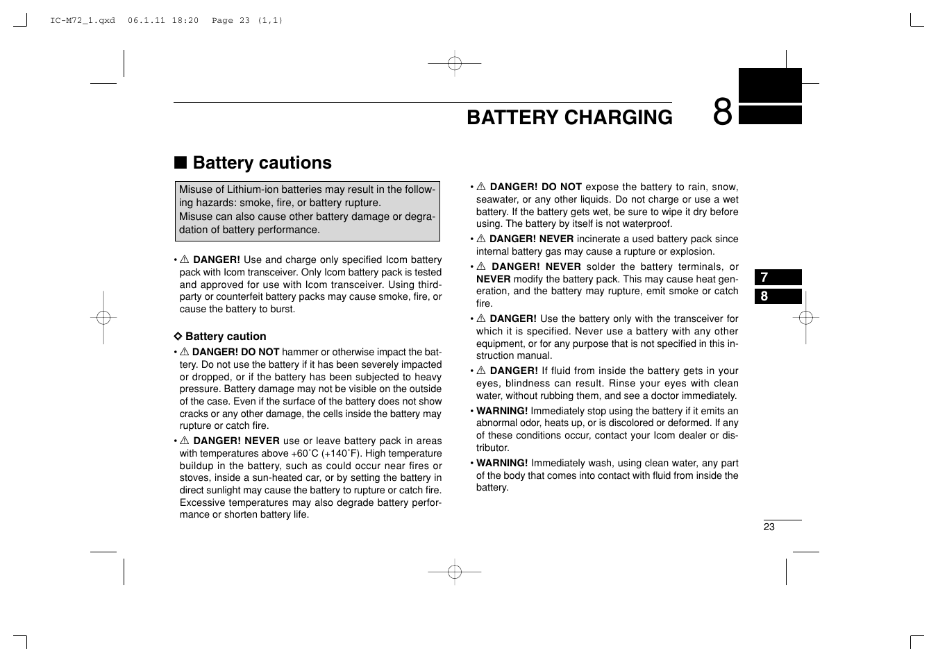 Battery charging, Battery cautions | Icom IC-M72 User Manual | Page 29 / 40