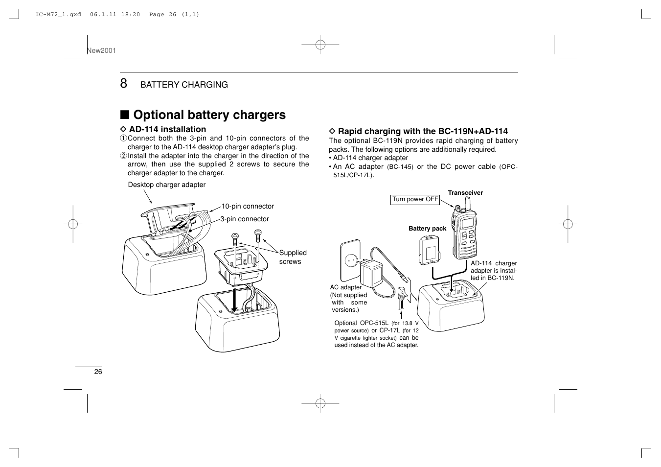 Optional battery chargers | Icom IC-M72 User Manual | Page 32 / 40