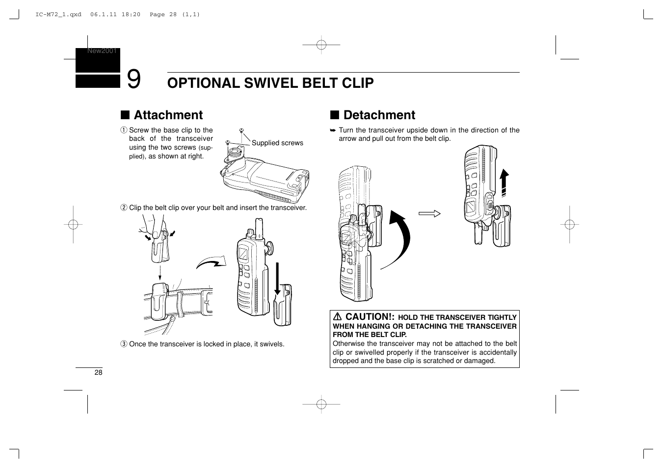Optional swivel belt clip, Attachment, Detachment | Icom IC-M72 User Manual | Page 34 / 40