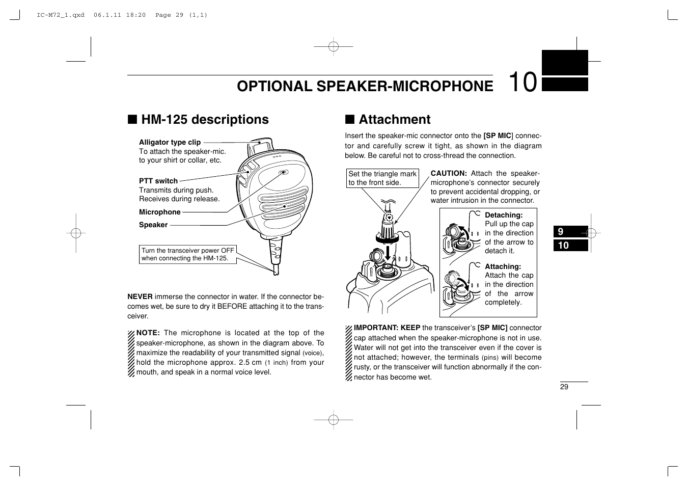 Optional speaker-microphone, Hm-125 descriptions, Attachment | Icom IC-M72 User Manual | Page 35 / 40