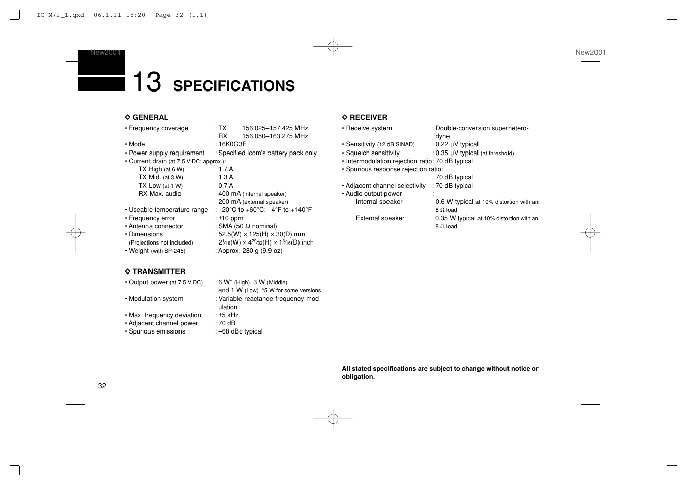 Specifications | Icom IC-M72 User Manual | Page 38 / 40