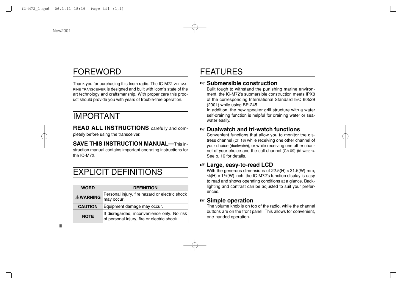 Foreword, Important, Explicit definitions features | Icom IC-M72 User Manual | Page 4 / 40