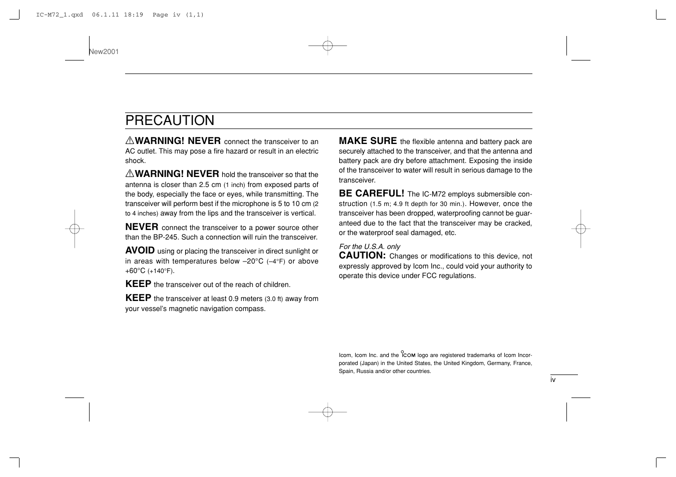 Precaution | Icom IC-M72 User Manual | Page 5 / 40