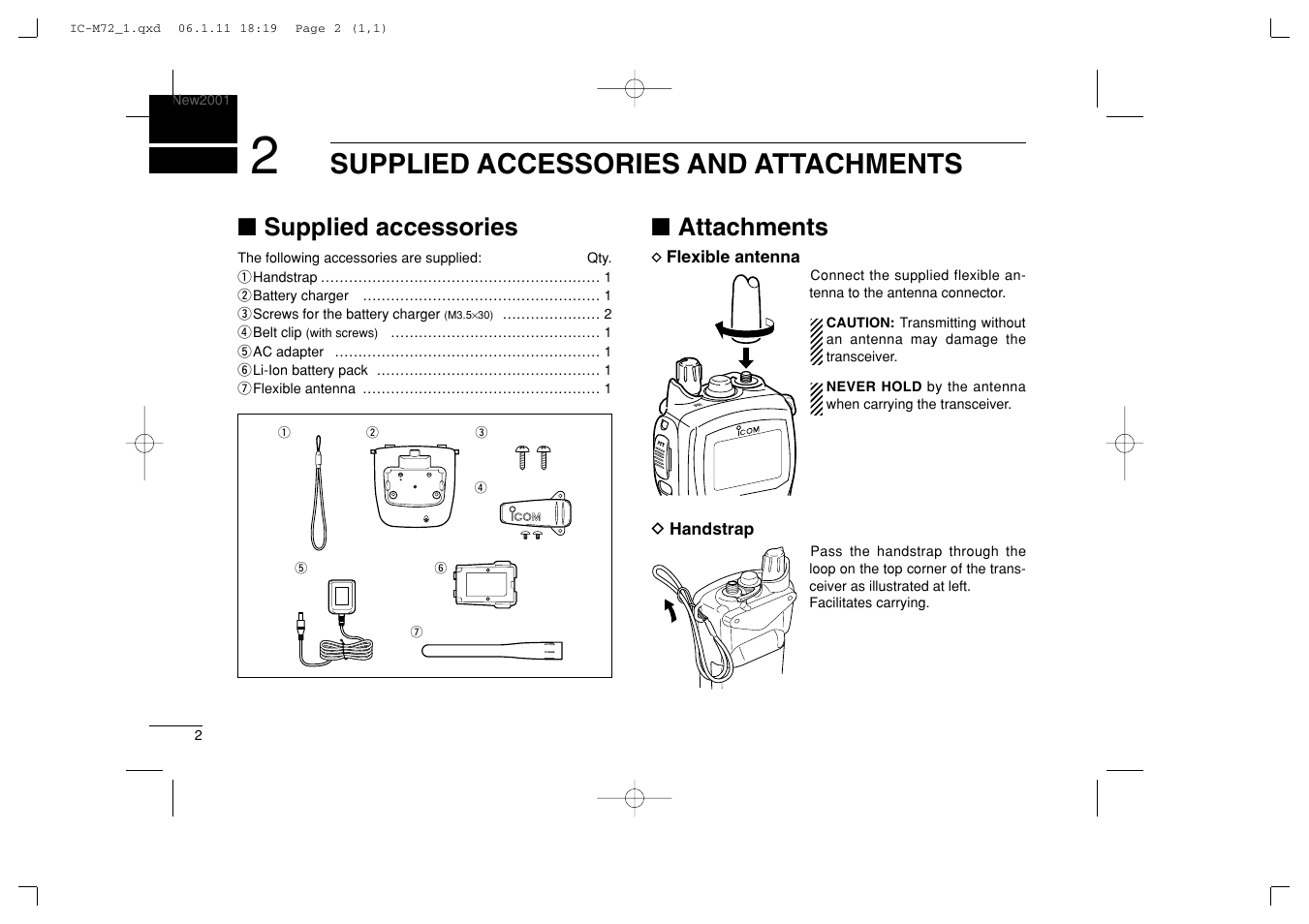 Supplied accessories and attachments, Supplied accessories, Attachments | Icom IC-M72 User Manual | Page 8 / 40