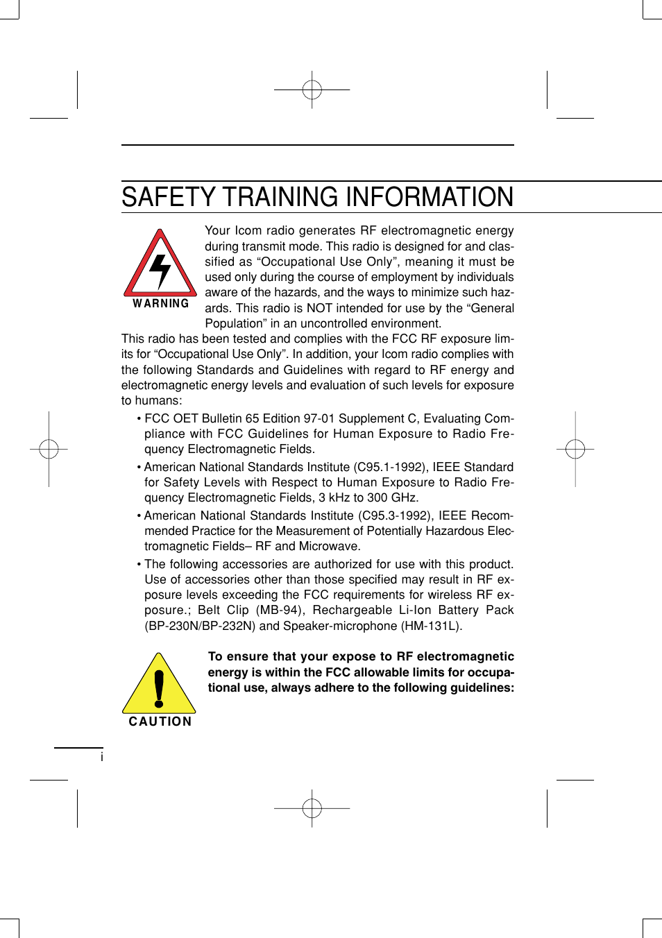 Safety training information | Icom IC-R20 User Manual | Page 2 / 40