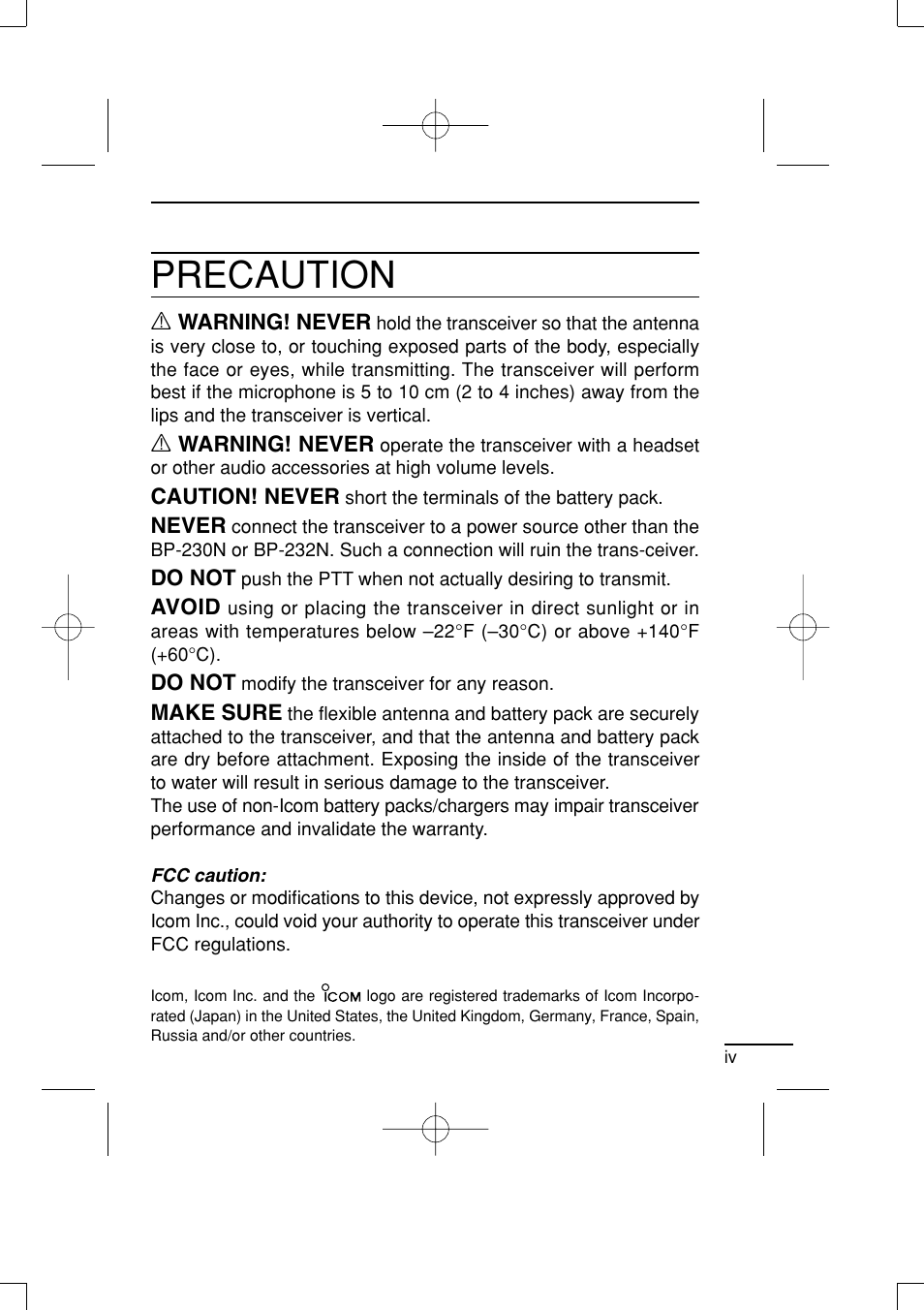 Precaution | Icom IC-R20 User Manual | Page 5 / 40