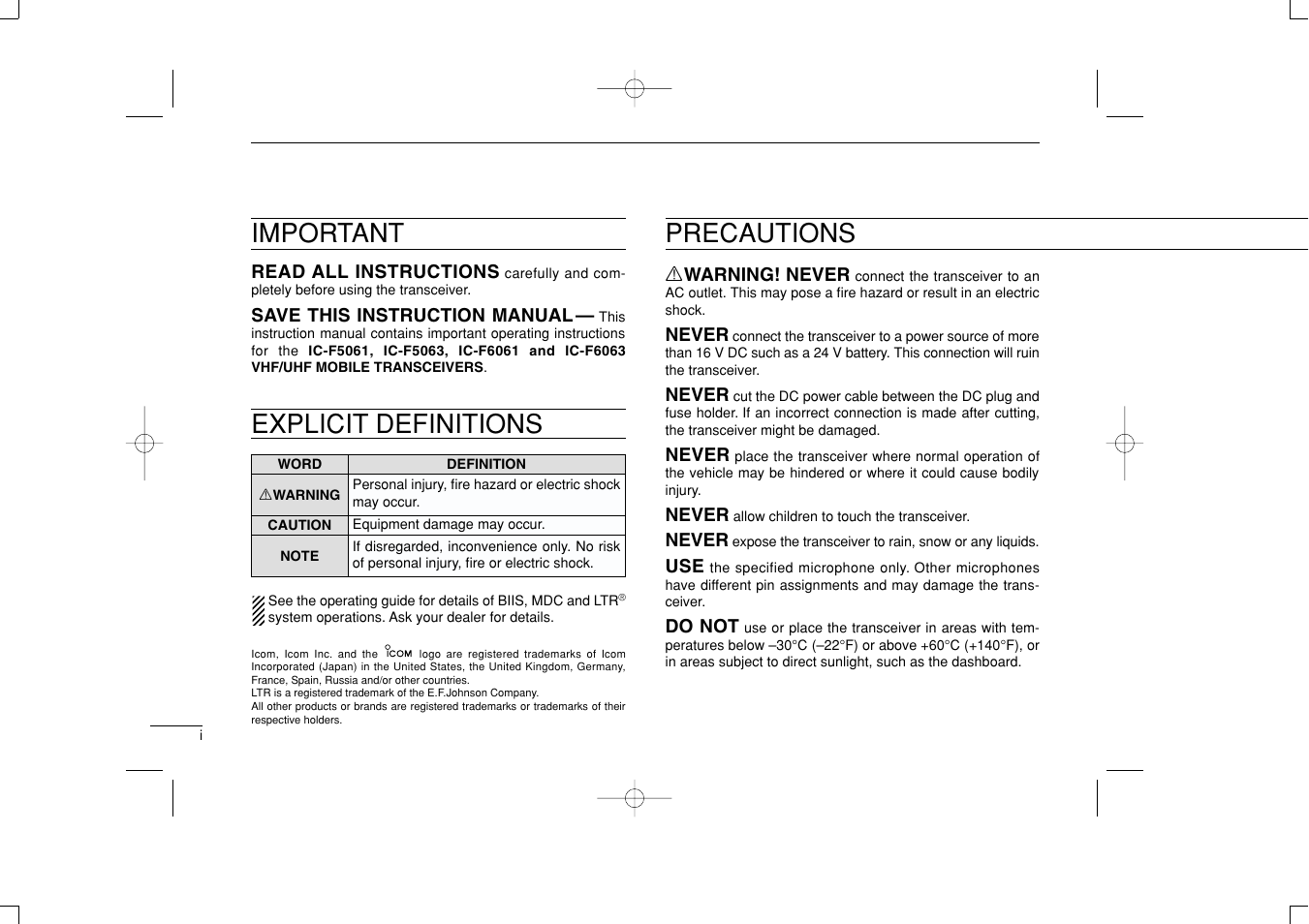 Explicit definitions, Precautions, Important | Icom IF6061 User Manual | Page 2 / 24