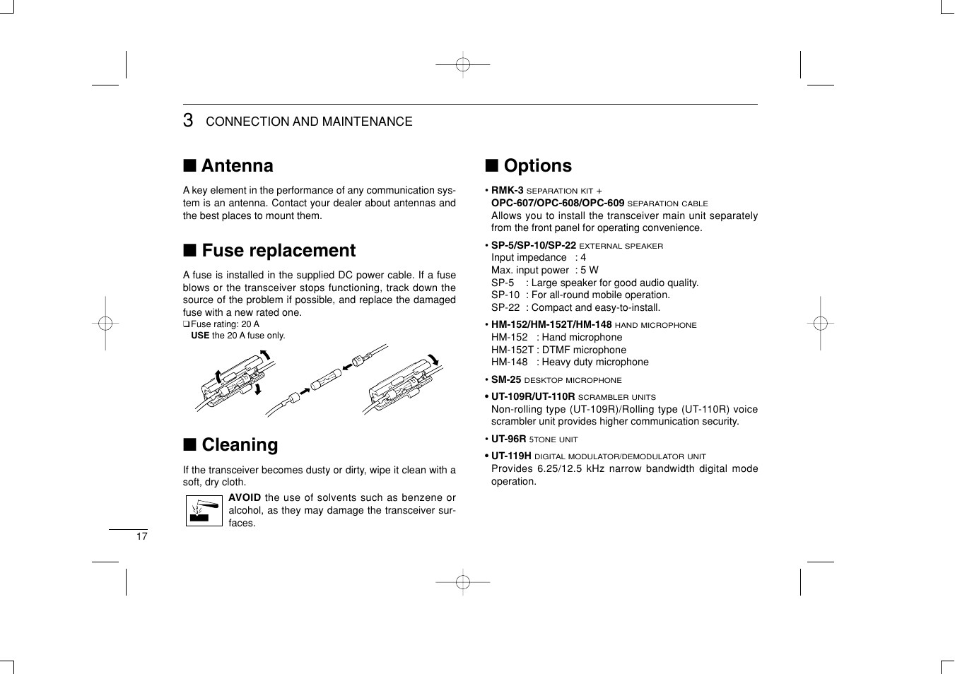 Antenna, Fuse replacement, Cleaning | Options | Icom IF6061 User Manual | Page 20 / 24