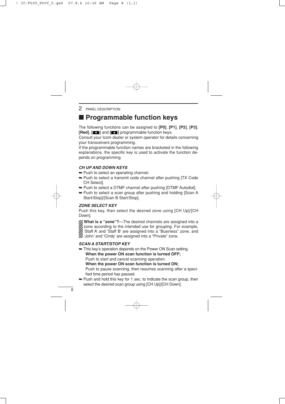 Programmable function keys | Icom IC-F60V User Manual | Page 14 / 48